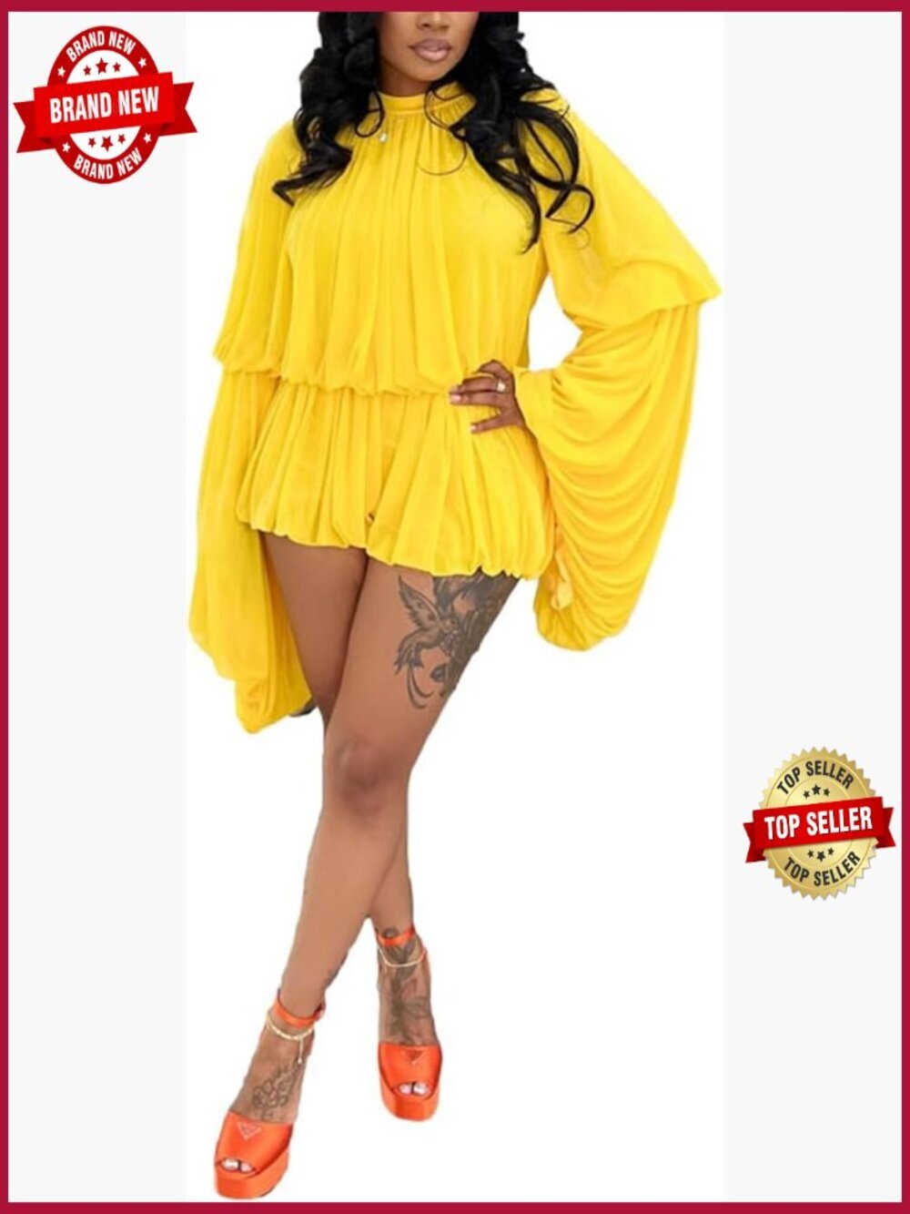 Women's 2 Piece Short Set Chiffon Mock Neck Bell Sleeve Blouse Bubble Shorts